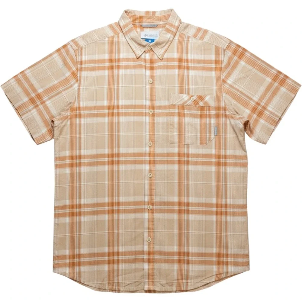 Columbia Button Down Shirt Mens Large Orange‎ Plaid Short Sleeve Cotton